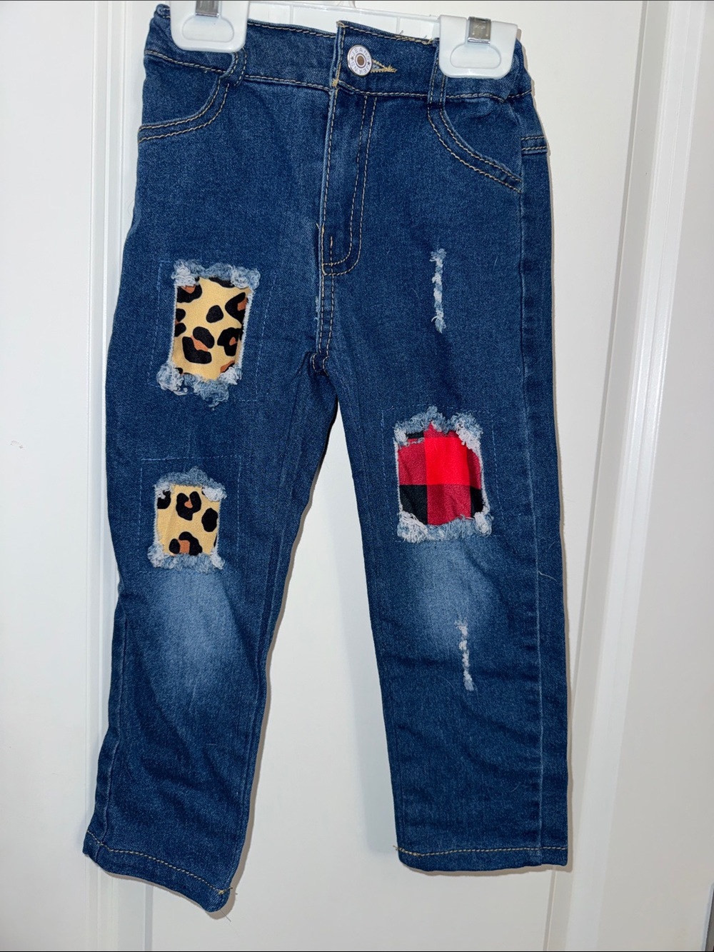 Dark Wash Kids' Patchwork Ripped Jeans with Leopard and Red Plaid